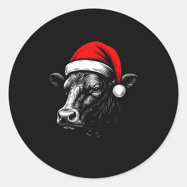 Adesivo Redondo Black Angus Rancher Christmas Cow Santa Hat Farmer (Frente)