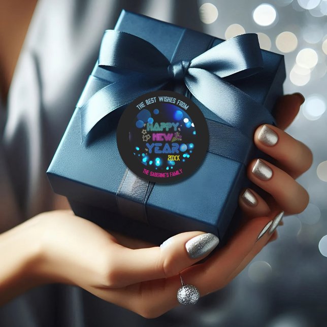 Adesivo Redondo Black & Blue Midnight Sparkle Neon Glow New Year  (Criador carregado)