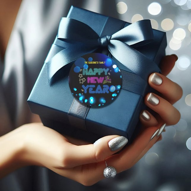 Adesivo Redondo Black & Blue Midnight Sparkle Neon Glow New Year  (Criador carregado)