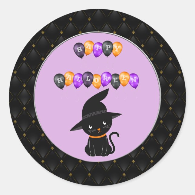 Adesivo Redondo Black Border Black Cat Happy Halloween Balloons (Frente)