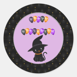 Adesivo Redondo Black Border Black Cat Happy Halloween Balloons