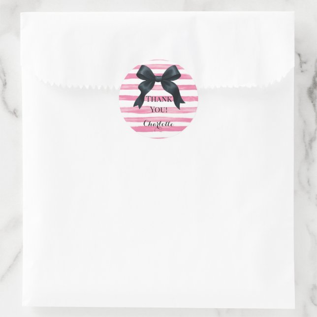 Adesivo Redondo Black Bow with Pink White Stripe Custom (Bolsa)
