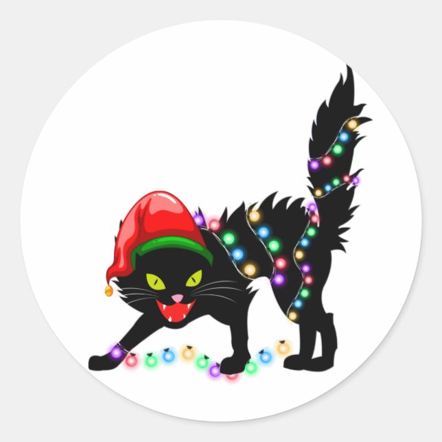 Adesivo Redondo Black Cat Christmas Light Classic Round Sticker (Frente)