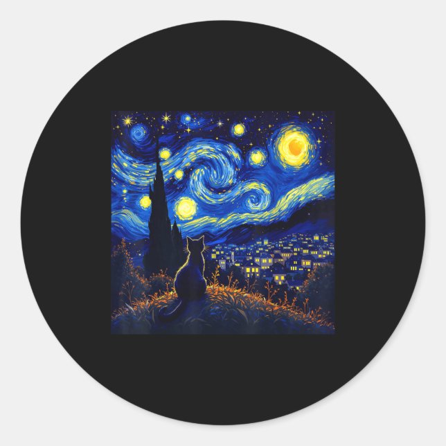 Adesivo Redondo Black Cat Funny Cat Lover Mom Daddy Starry Night V (Frente)