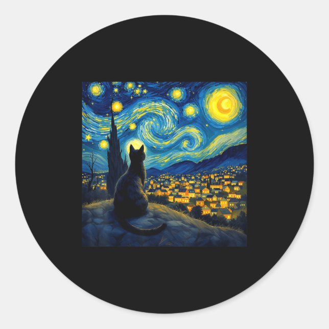 Adesivo Redondo Black Cat Funny Cat Lover Mom Daddy Starry Night V (Frente)