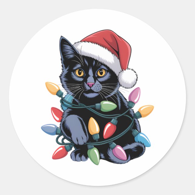 Adesivo Redondo Black Cat Natal Luz Engraçada Gato (Frente)