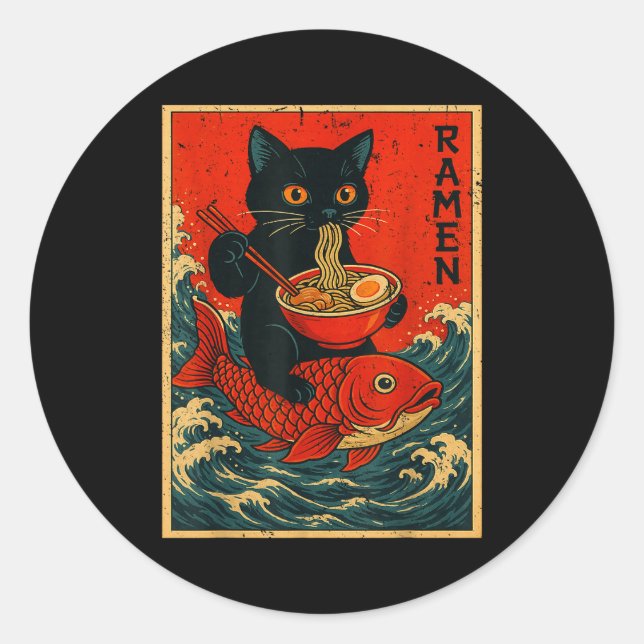 Adesivo Redondo Black Cat Ramen Japanese Graphic Tees For Men Wome (Frente)