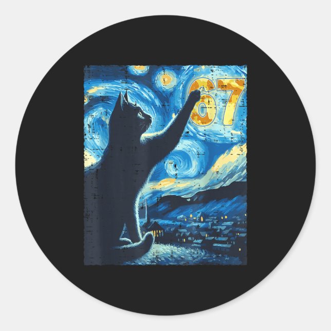 Adesivo Redondo Black Cat Starry Night Van Gogh Cat 67 Six Seven M (Frente)