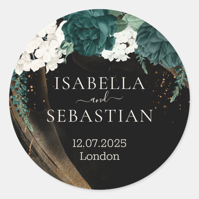 Adesivo Redondo Black Emerald Green Rose Floral Wedding (Frente)