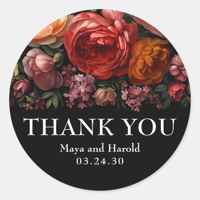 Adesivo Redondo Black Floral Botanical Moody Dutch Obrigado (Frente)