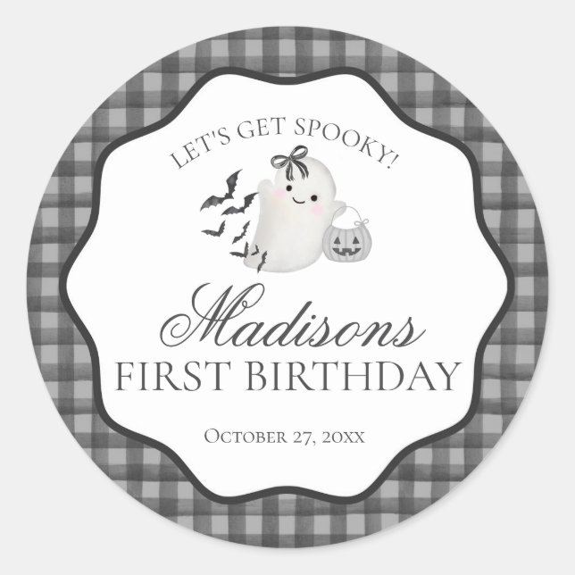 Adesivo Redondo Black Gingham Little Boo Ghost Birthday Party Seal (Frente)