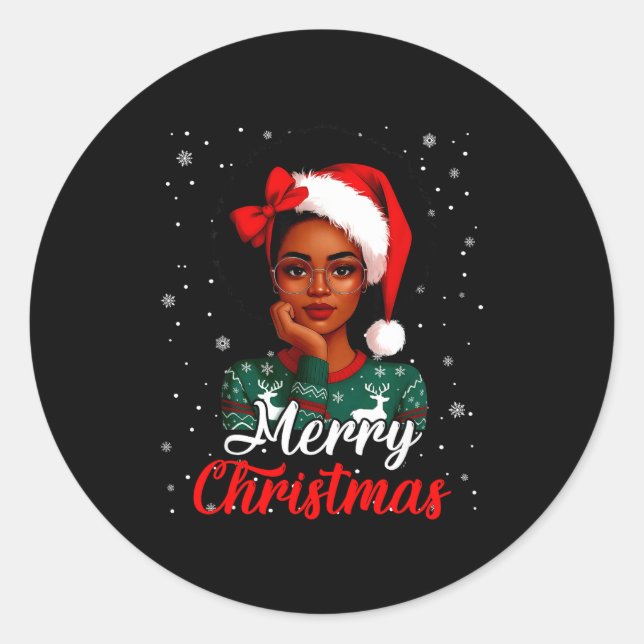Adesivo Redondo Black Girl Afro Santa Hat Merry Christmas African  (Frente)