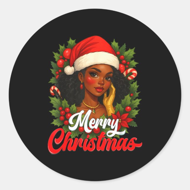 Adesivo Redondo Black Girl Santa Hat Merry Christmas Pajama Africa (Frente)