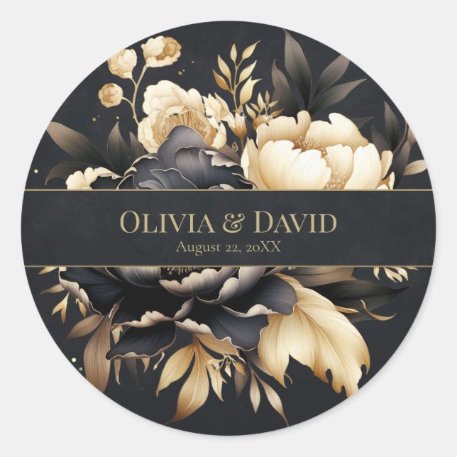Adesivo Redondo Black & Gold Peony Wedding Round Sticker (Frente)