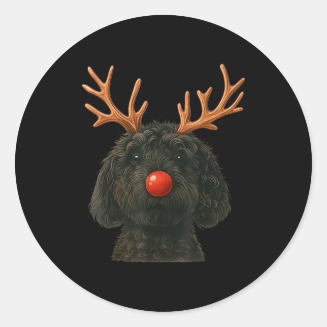 Adesivo Redondo Black Goldendoodle Christmas Lights Santa Hat Blac (Frente)