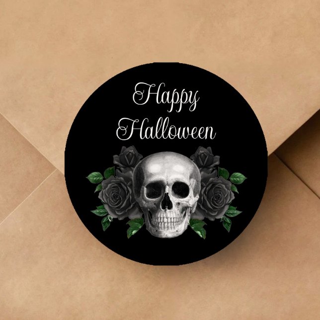 Adesivo Redondo Black Gothic Floral Skull Halloween (Black Gothic Floral Skull Halloween Classic Round Sticker)