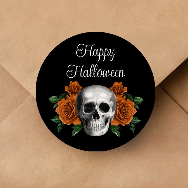 Adesivo Redondo Black Gothic Floral Skull Halloween (Black Gothic Floral Skull Halloween Classic Round Sticker)
