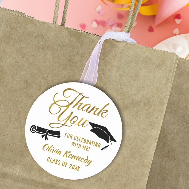 Adesivo Redondo Black Graduation Cap Gold Thank You Script Favor (Criador carregado)