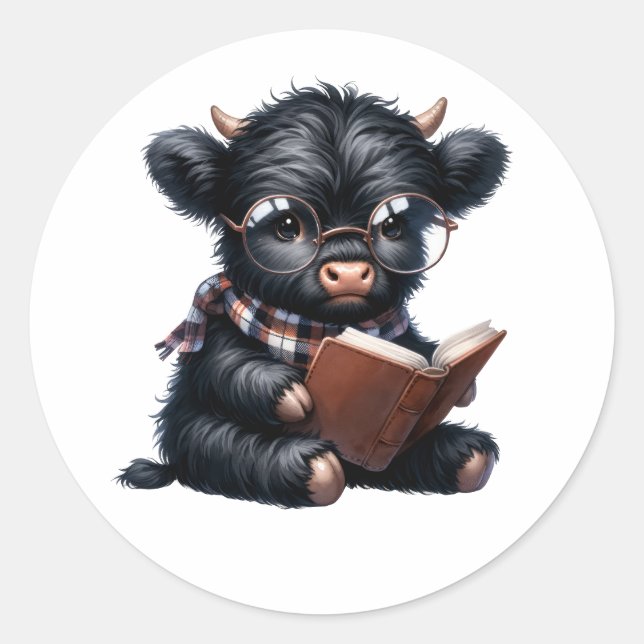 Adesivo Redondo Black Highland Cow Reading A Book (Frente)