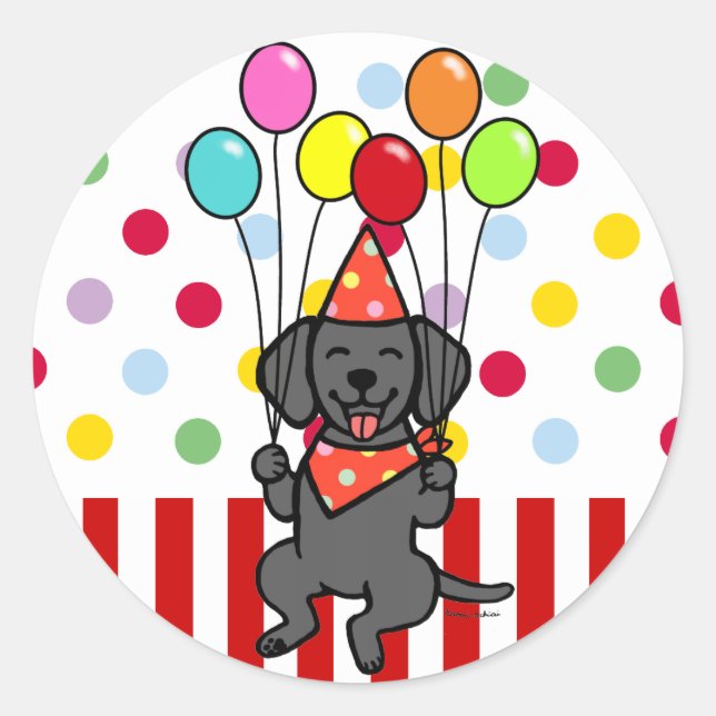 Adesivo Redondo Black Lab Puppy Birthday Balloons (Frente)