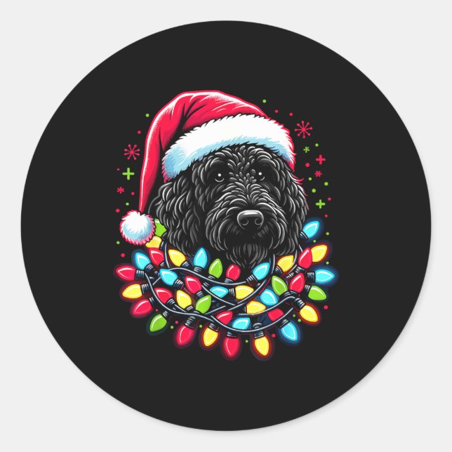Adesivo Redondo Black Labradoodle Christmas Tree Xmas Lights Doodl (Frente)