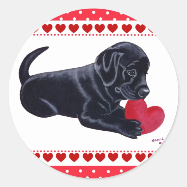 Adesivo Redondo Black Labrador Puppy e Heart (Frente)