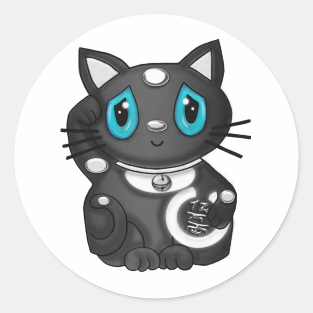 Adesivo Redondo Black Maneki Neko Bekoning Boa Sorte Cat (Frente)