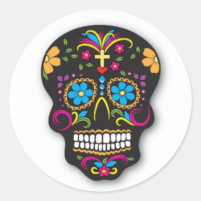 Adesivo Redondo Black Neon Mexicano Sugar Skull Day of the Dead (Frente)