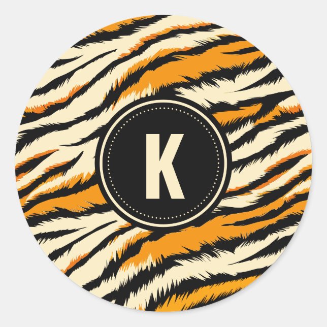 Adesivo Redondo Black Orange Tiger Stripes Pattern Monogram (Frente)