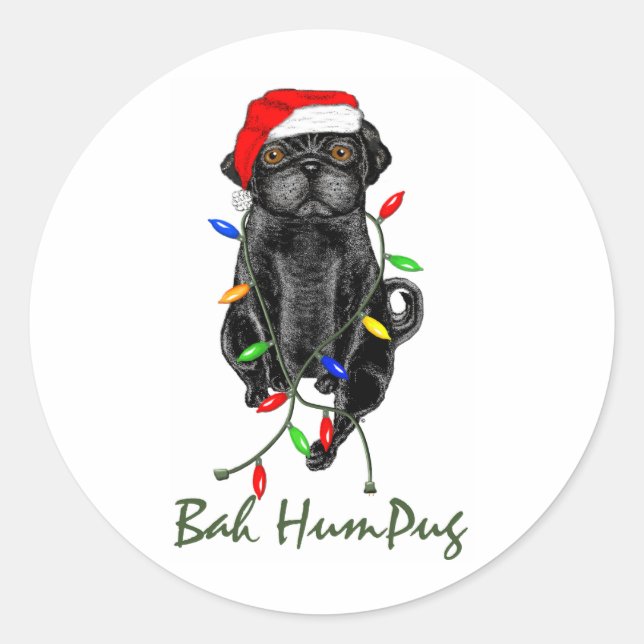 Adesivo Redondo Black Pug Dog Bah Humpug Engraçado Natal (Frente)