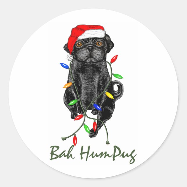 Adesivo Redondo Black Pug Dog Bah Humpug Engraçado Natal (Frente)