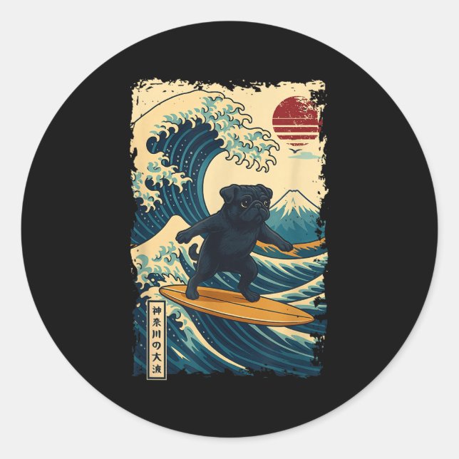Adesivo Redondo Black Pug Japonês Kanagawa Surfing no Japão Mãe (Frente)