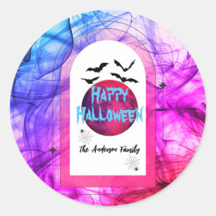 Adesivo Redondo Black Purple Bats Family Name Happy Halloween