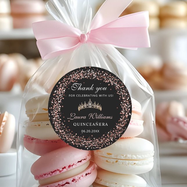 Adesivo Redondo Black & Rose Gold Quinceañera Birthday Thank you (Rpse Gold and Black Crown tiara quinceañera Thank you stickers)