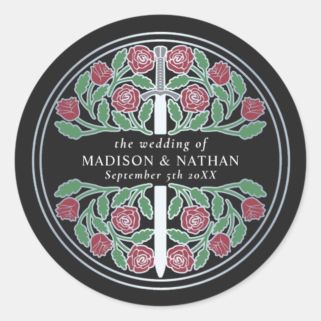 Adesivo Redondo Black Royal Medieval Silver Sword Wedding  (Frente)