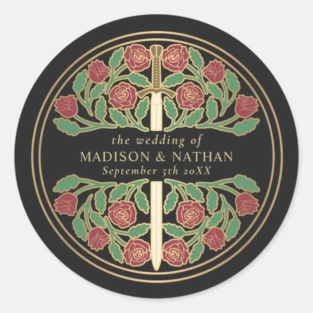 Adesivo Redondo Black Royal Medieval Sword Wedding  (Frente)