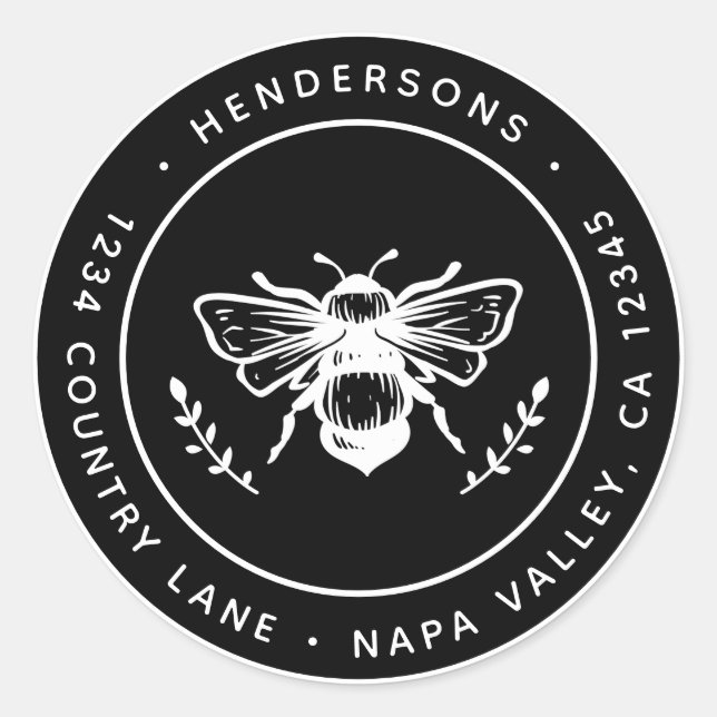 Adesivo Redondo Black Rustic Bumblebee Round Endereço de Devolução (Frente)