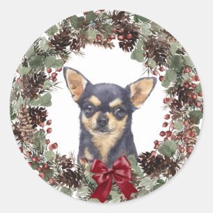 Adesivo Redondo Black Tan Chihuahua Pinecone Wreath Natal