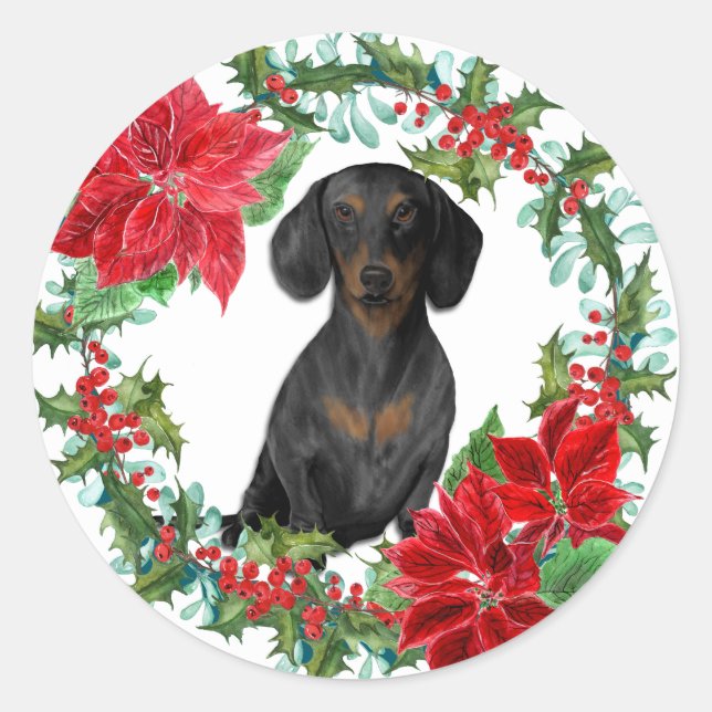 Adesivo Redondo Black Tan Dachshund Poinsettia Holiday Wreath (Frente)
