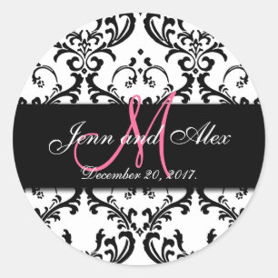 Adesivo Redondo Black White Damask Save the Date Stickers