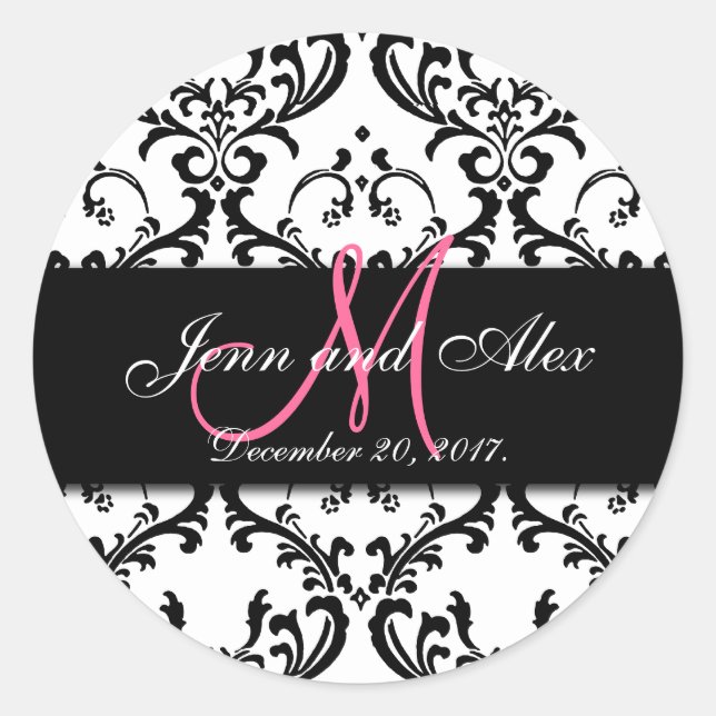 Adesivo Redondo Black White Damask Save the Date Stickers (Frente)
