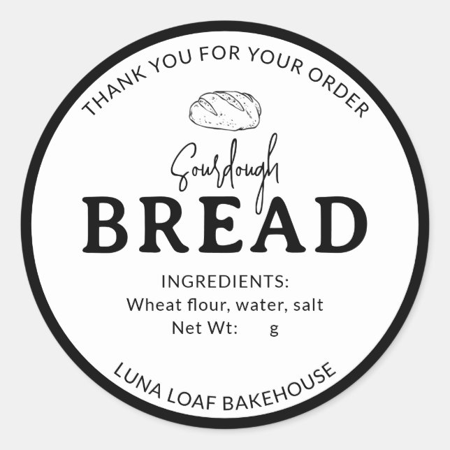 Adesivo Redondo Black White Logo Bakery Sourdough Bread Sticker (Frente)