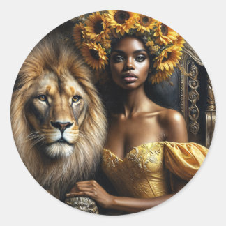 Adesivo Redondo Black Woman With Lion Sunflower Crown