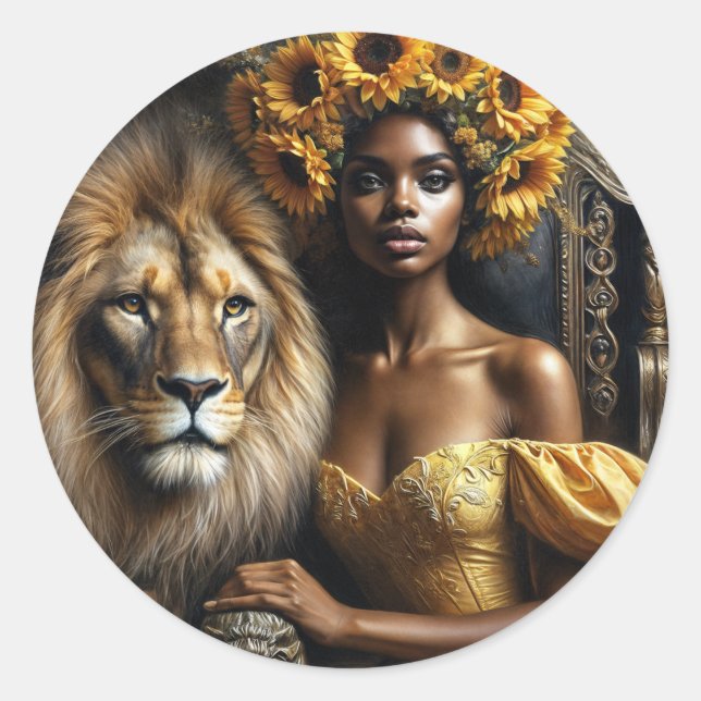 Adesivo Redondo Black Woman With Lion Sunflower Crown (Frente)