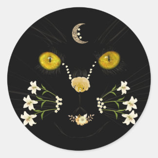 Adesivo Redondo Black Yellow Gold Flower Cat Face Moon Sticker