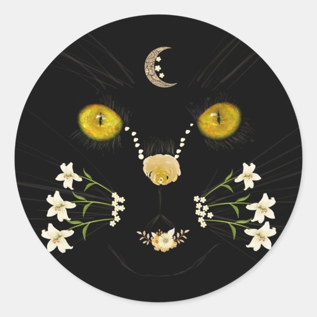Adesivo Redondo Black Yellow Gold Flower Cat Face Moon Sticker (Frente)