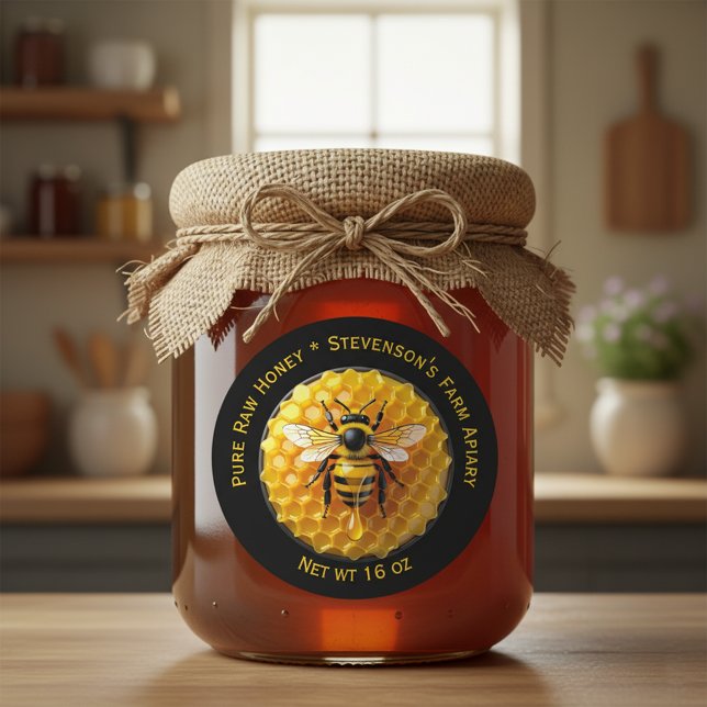 Adesivo Redondo Black & Yellow Realistic Honey Bee Honeycomb Jar (Criador carregado)