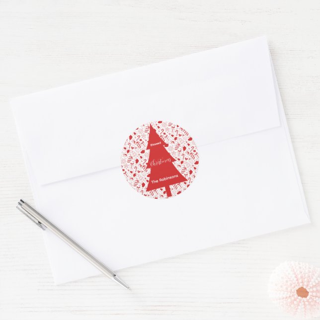 Adesivo Redondo Blessed Christmas Red Christmas Tree Doodle Art (Envelope)