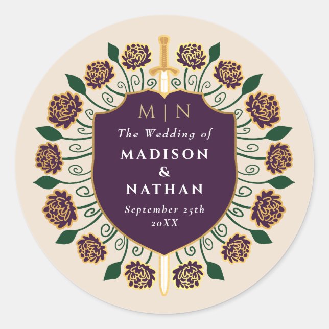 Adesivo Redondo Blindagem de espada Fantasia Casamento Monograma (Frente)