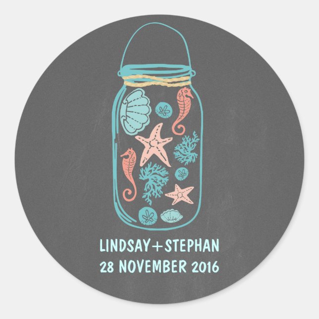Adesivo Redondo Bloco de praia Mason jar bonitinhos de casamento (Frente)